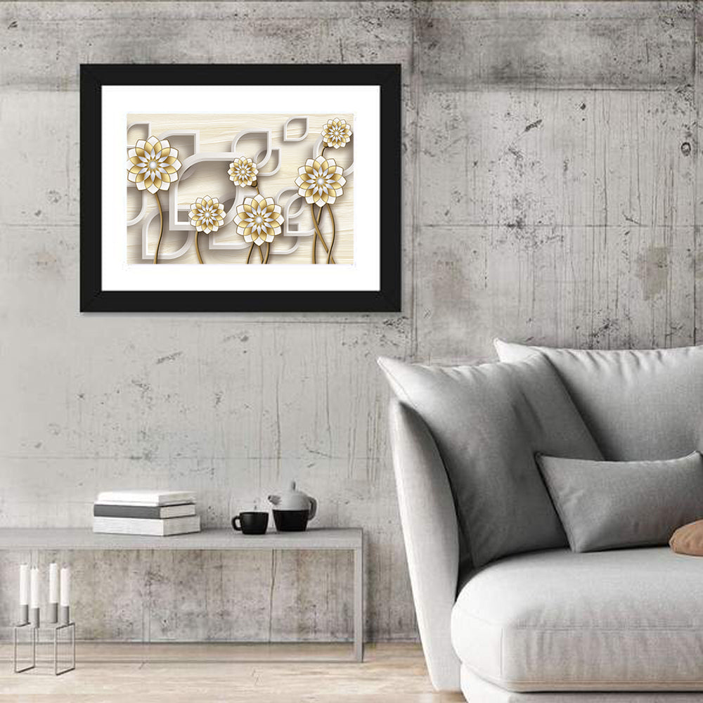 3d Floral Grid with Gold Accents Wall Art in a room, landscape