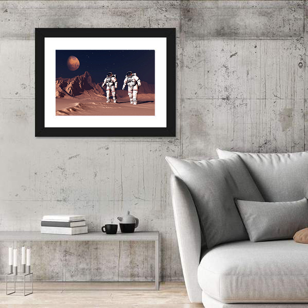 Two Astronauts on Desert Planet Wall Art in a room, landscape