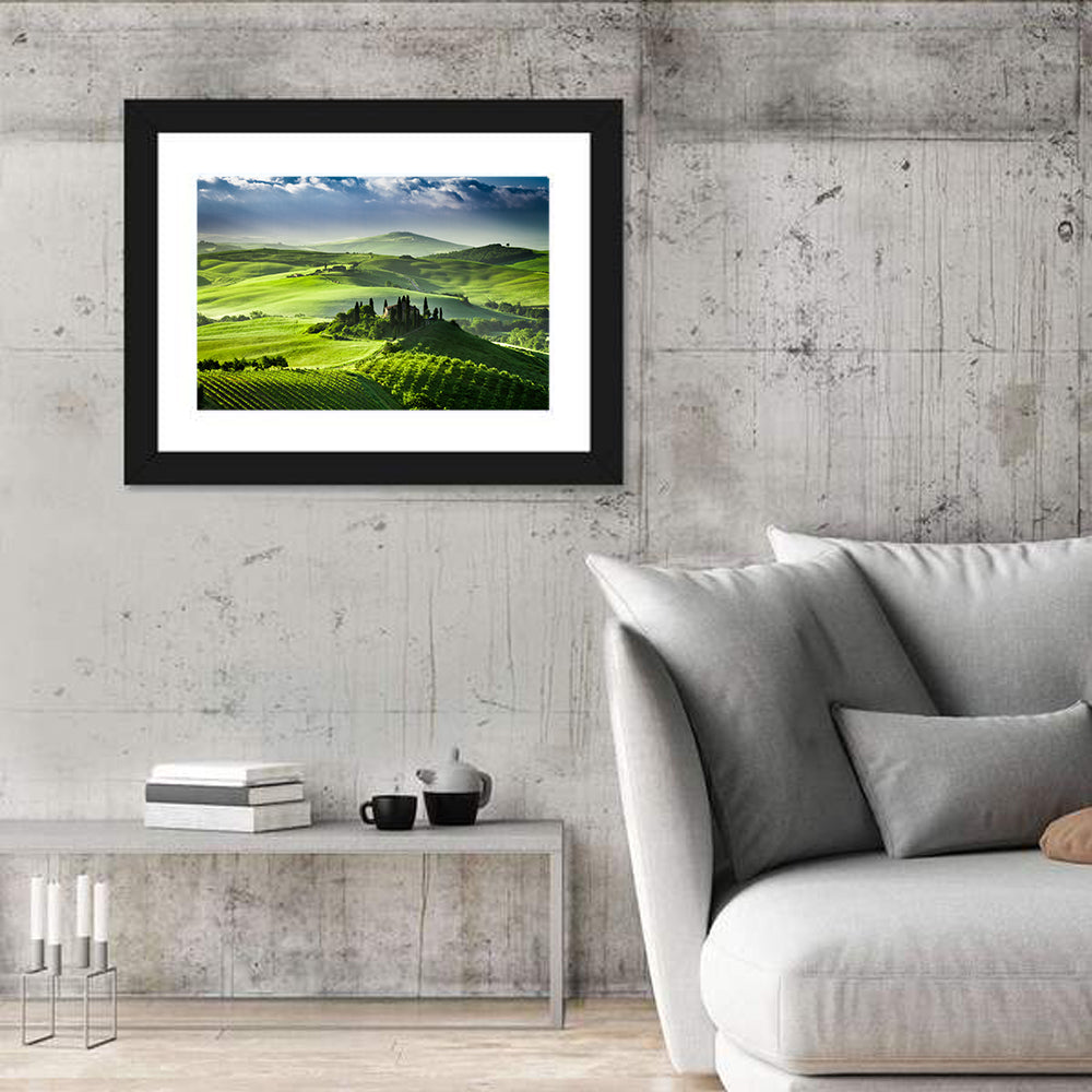 Sunrise Over San Quirico D Orcia Valley Wall Art in a room, landscape