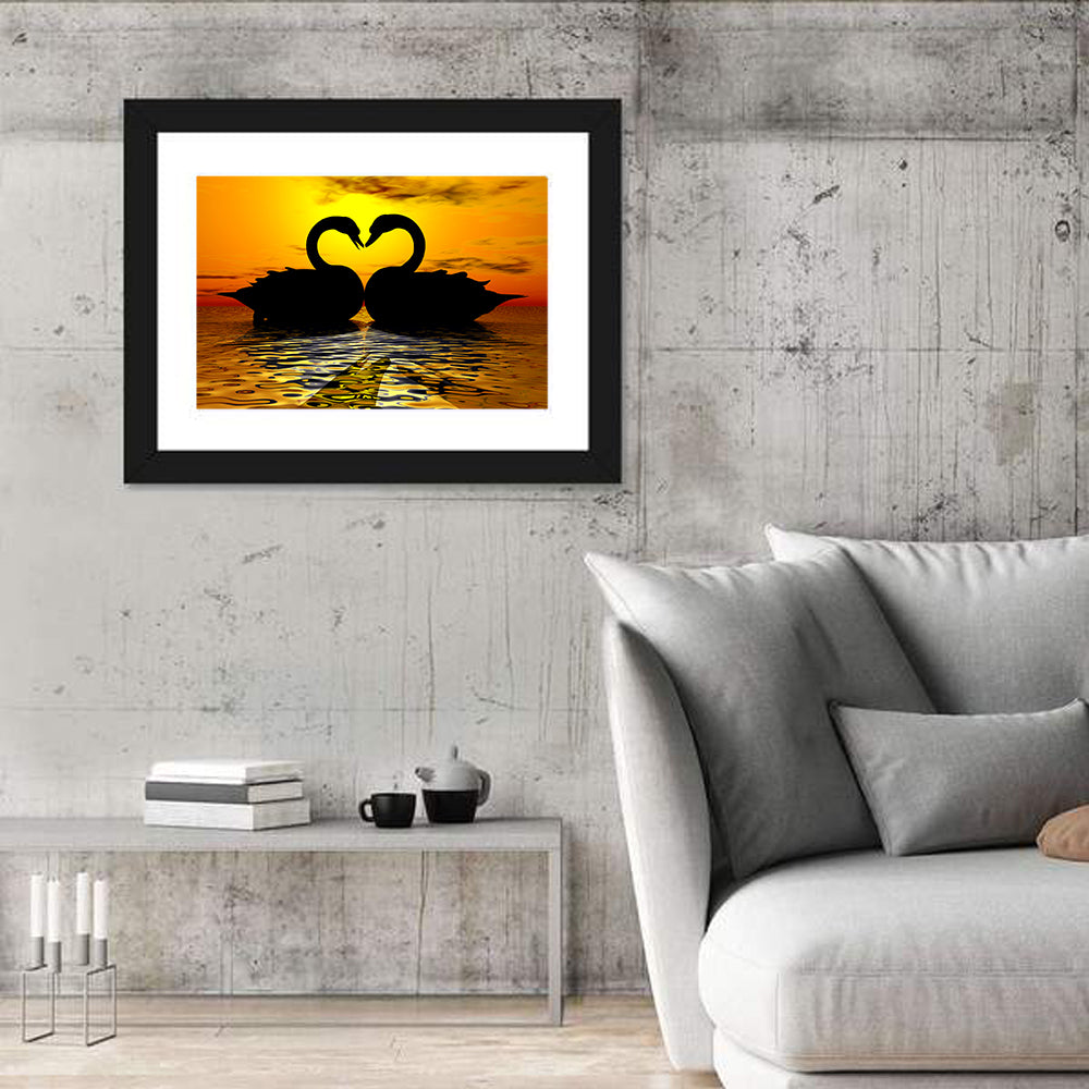Swans Forming Heart at Sunset Wall Art in a room, landscape
