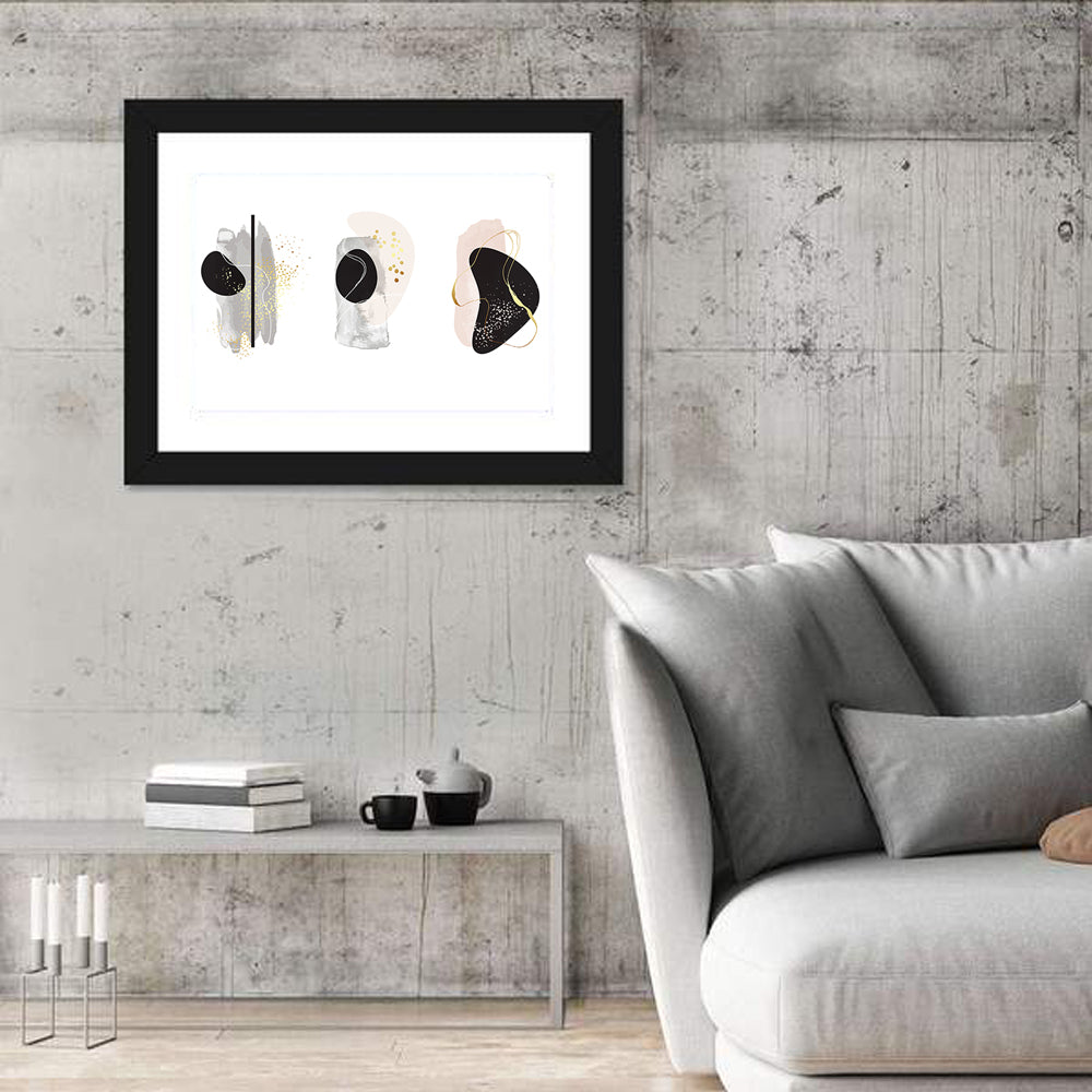 Minimalist Abstract Triptych with Gold Accents Wall Art in a room, landscape