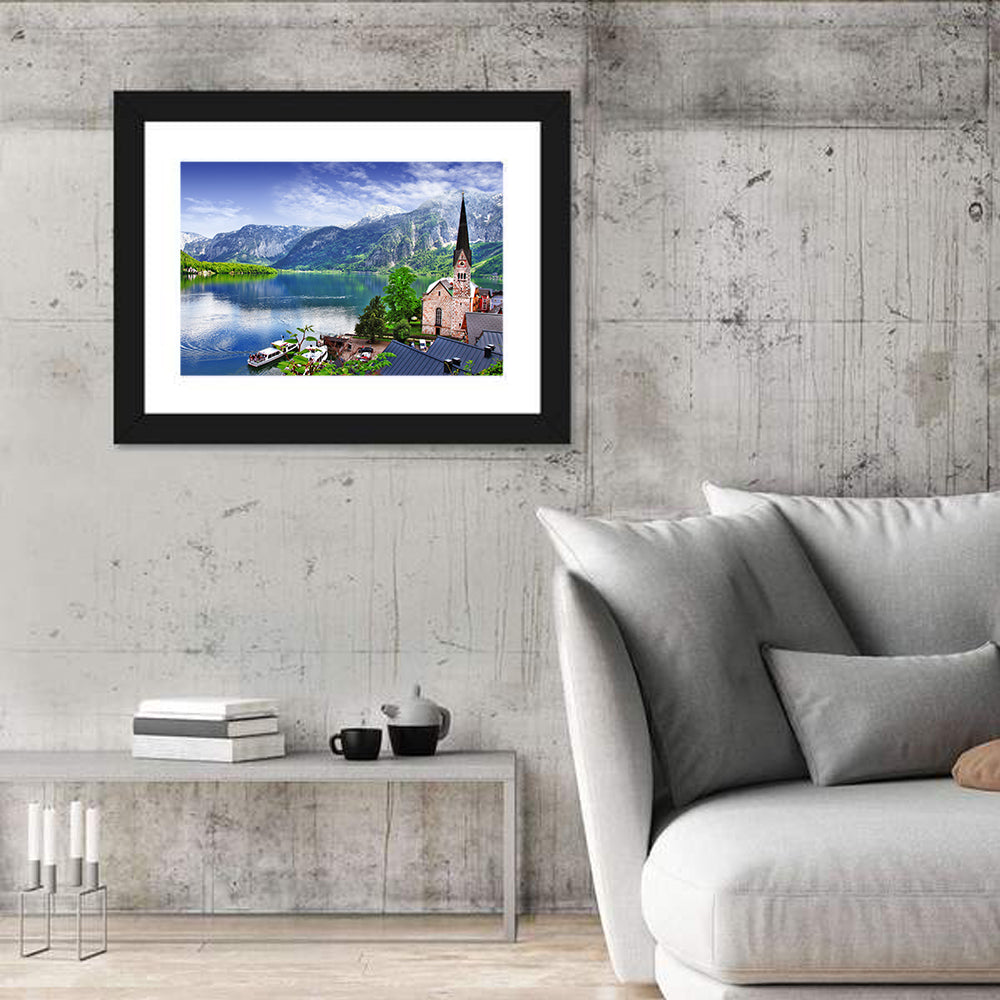 Hallstatt Lake View with Church Tower Wall Art in a room, landscape