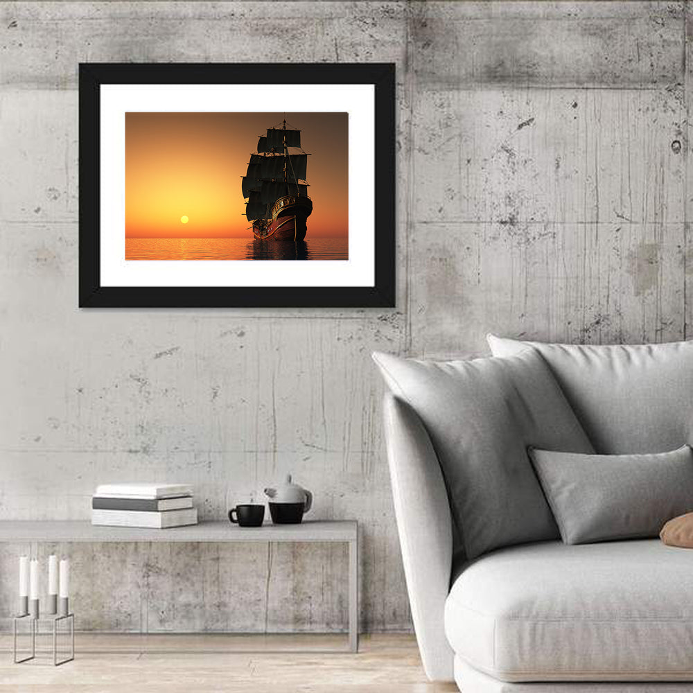 Sailing Ship at Golden Sunset Wall Art in a room, landscape