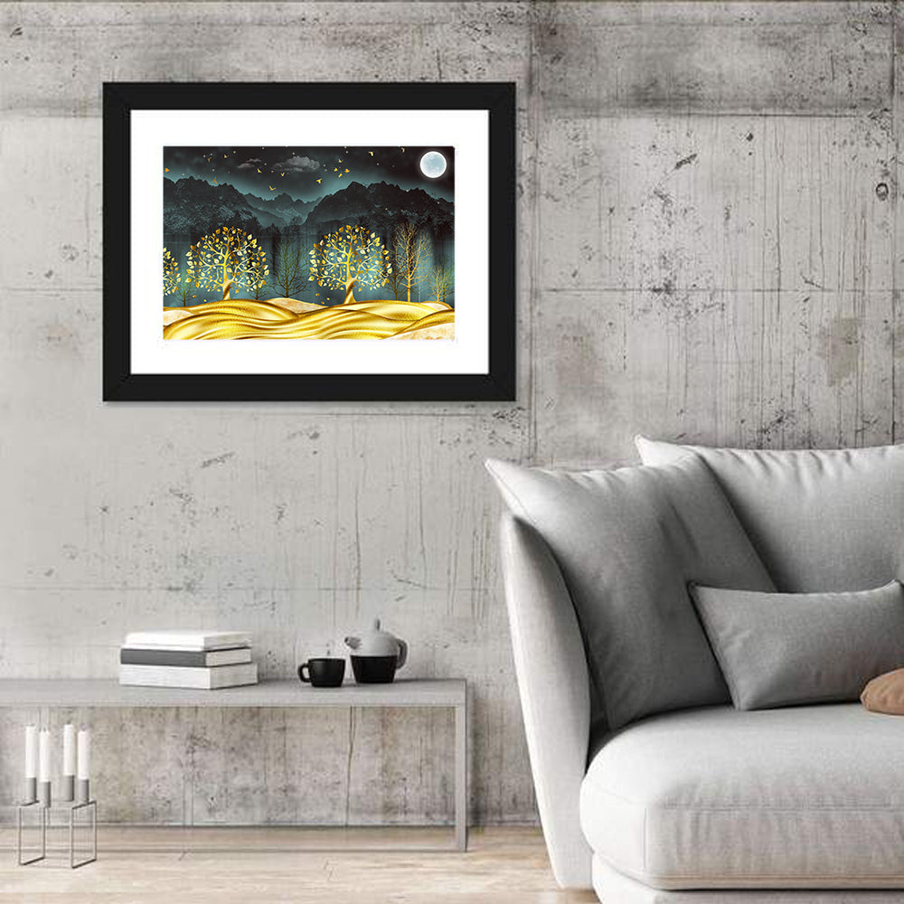 Golden Moon Jungle Landscape Wall Art in a room, landscape