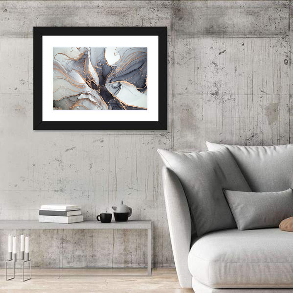 Marbled Ink with Gold Veining Wall Art in a room, landscape