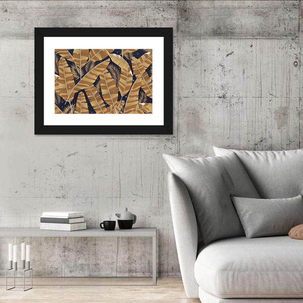 Golden Banana Leaves Pattern Wall Art in a room, landscape