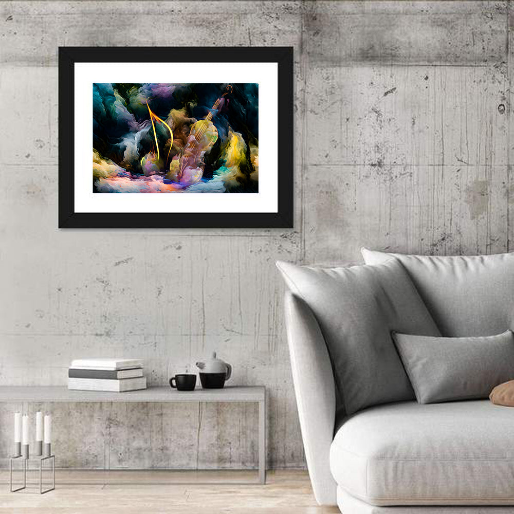 Golden Violin in Blue Nebula Wall Art in a room, landscape