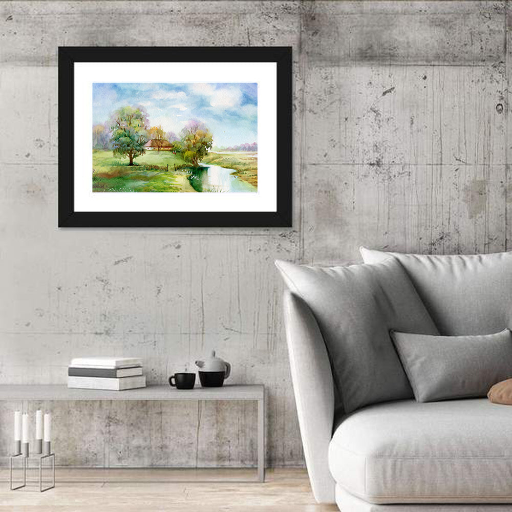 Thatched Cottage by the River Wall Art in a room, landscape
