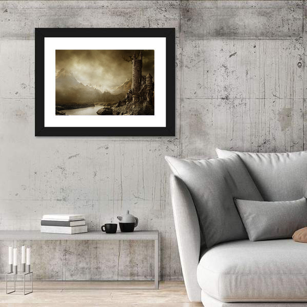 Dragon Perched on Stone Tower Wall Art in a room, landscape