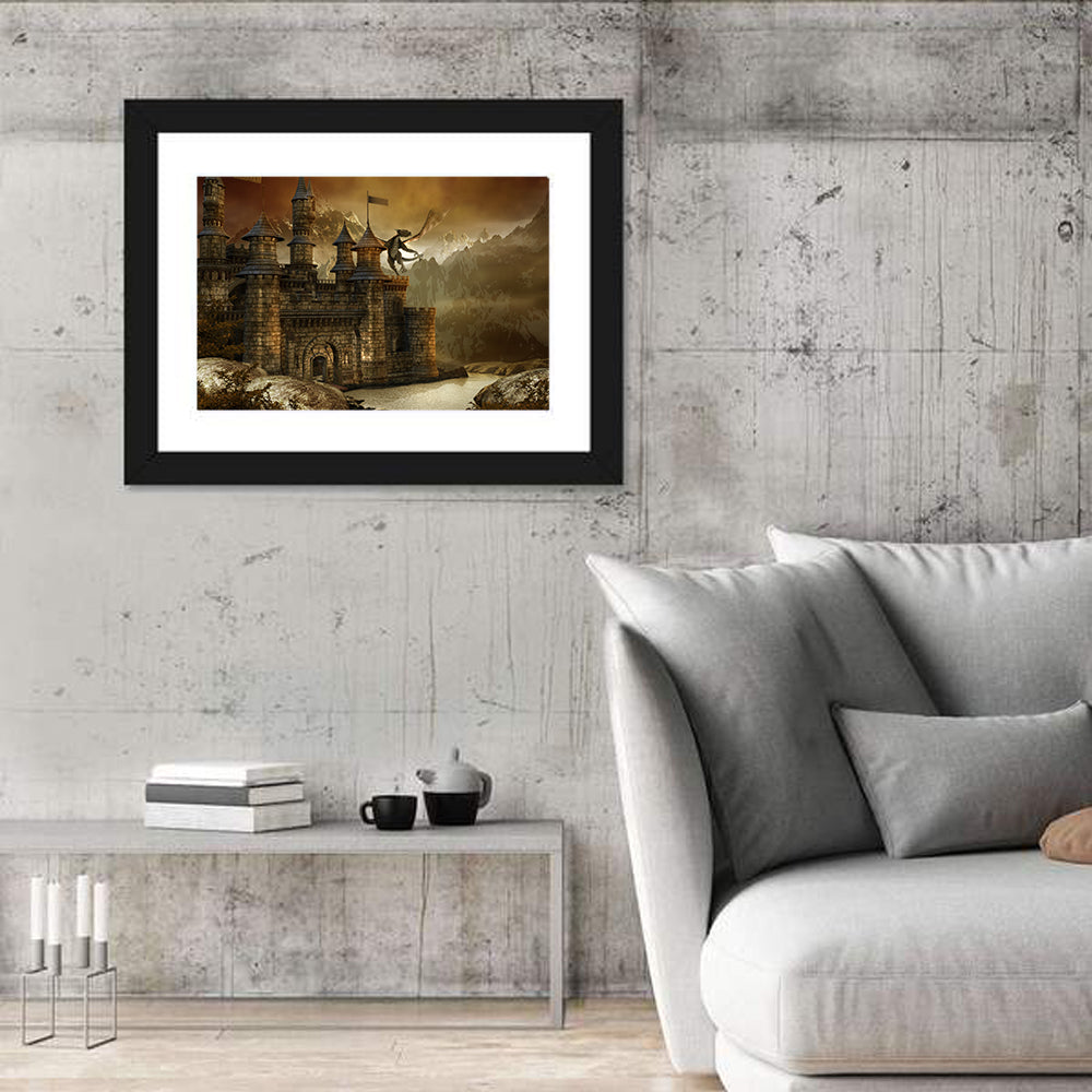 Dragon Over Fairytale Castle Wall Art in a room, landscape
