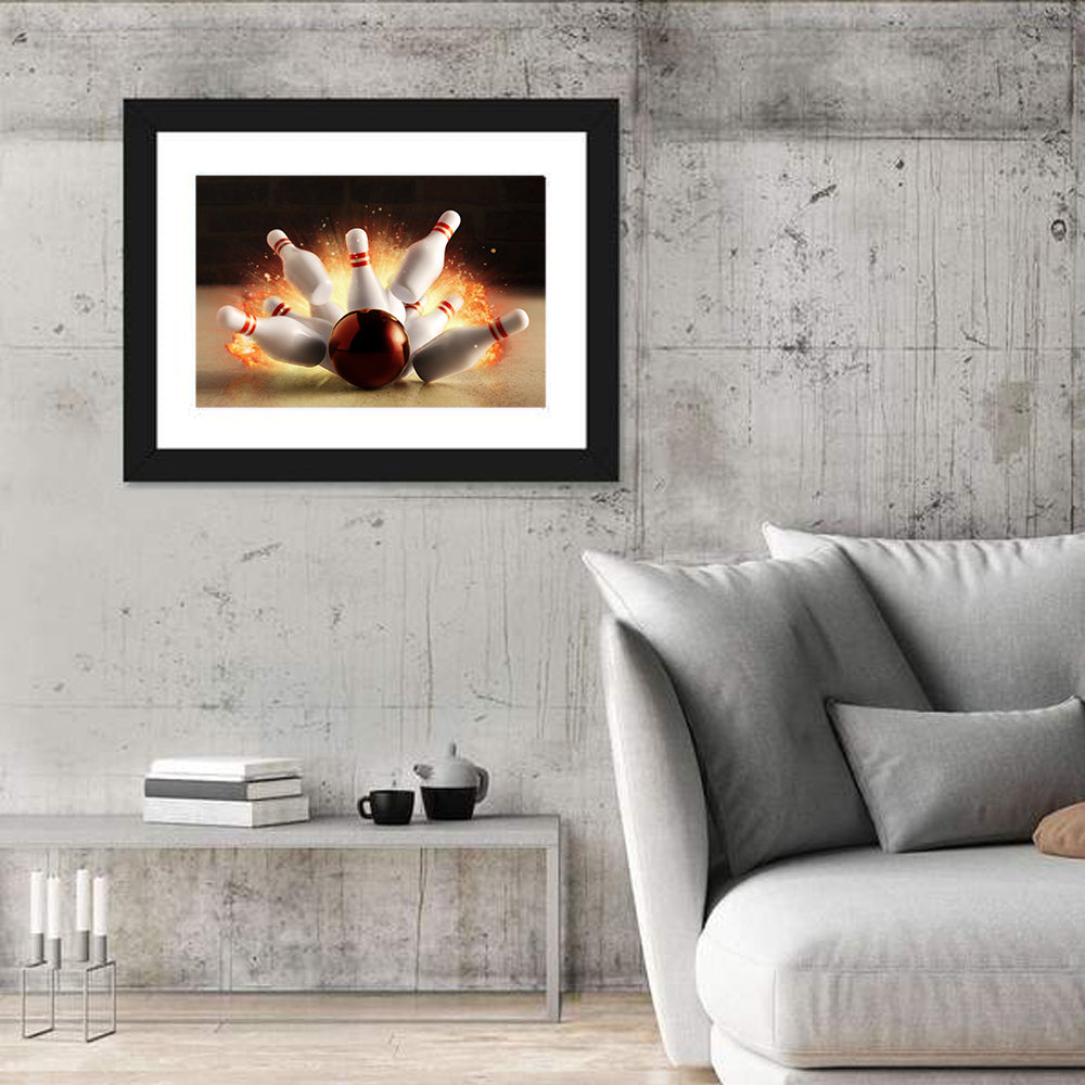 Fiery Bowling Strike Wall Art in a room, landscape