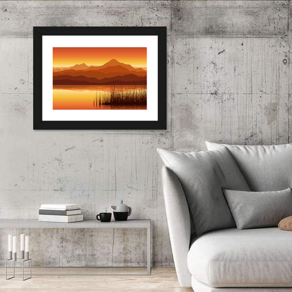 Golden Mountain Lake Sunset Wall Art in a room, landscape