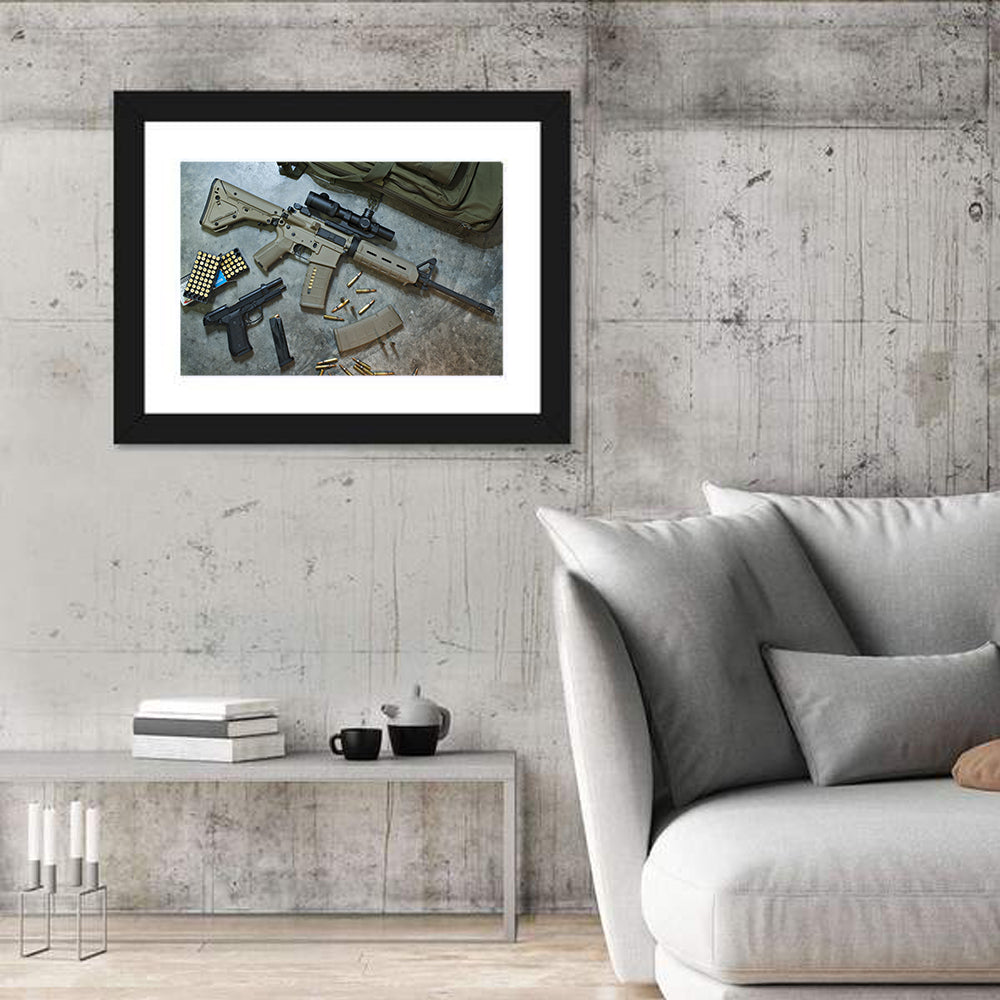 Scoped Rifle and Handgun with Ammo Wall Art