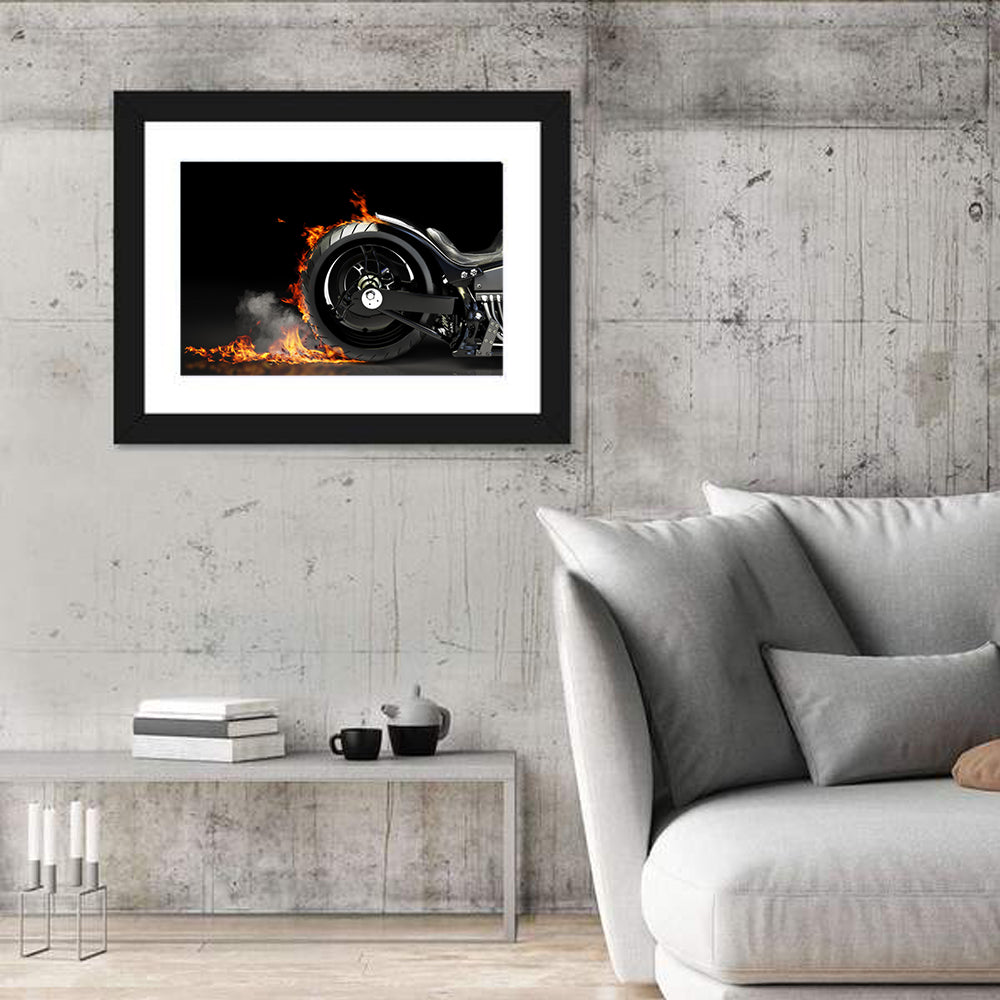 Motorcycle Burnout with Flames Wall Art in a room, landscape