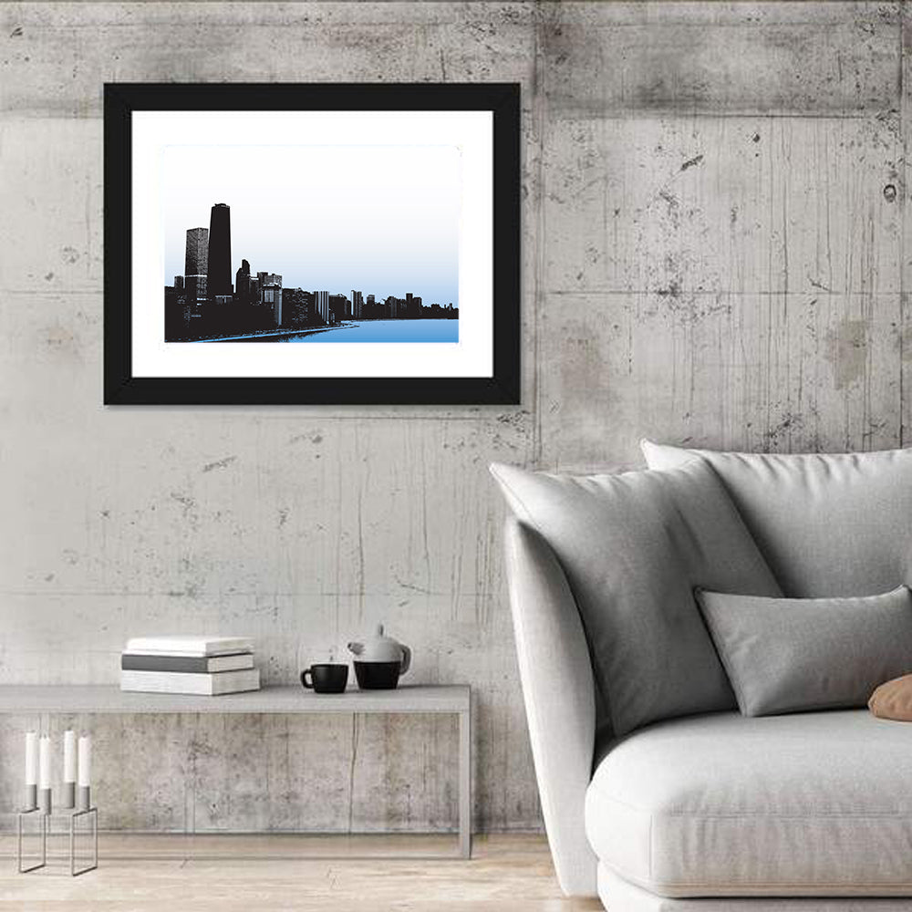 Chicago Skyline Blue Reflection Wall Art in a room, landscape