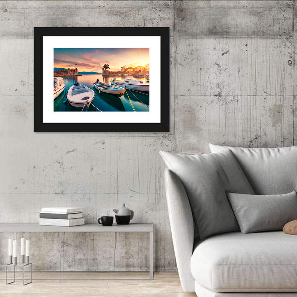 Nafpaktos Harbor at Sunset Wall Art in a room, landscape