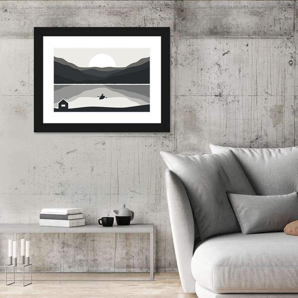 Fisherman at Mountain Lake Wall Art in a room, landscape
