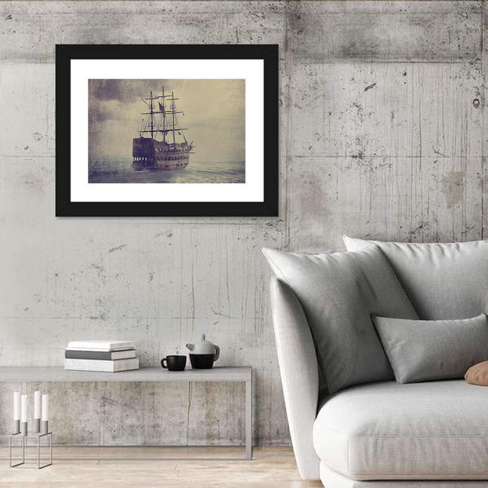 Old Pirate Ship at Sea Wall Art in a room, landscape
