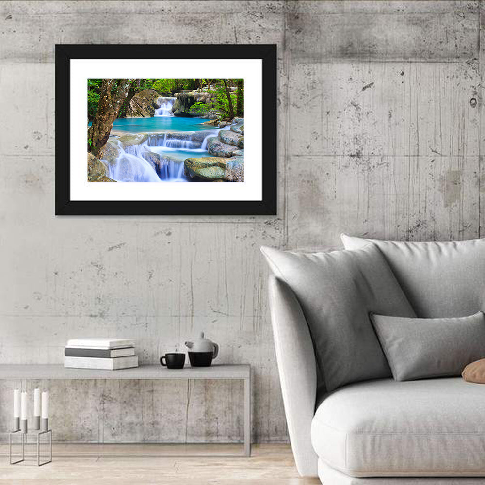Erawan Waterfall Turquoise Pools Wall Art in a room, landscape