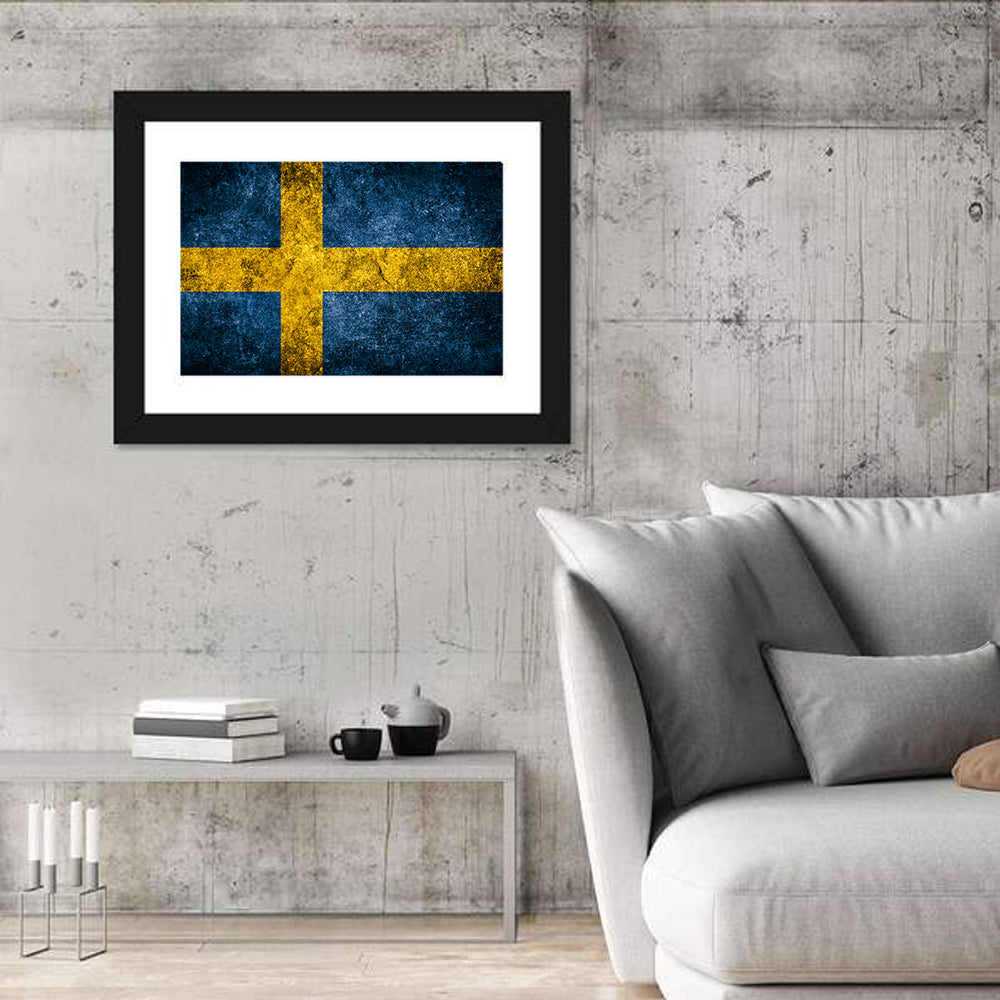 Distressed Sweden Flag Wall Art in a room, landscape