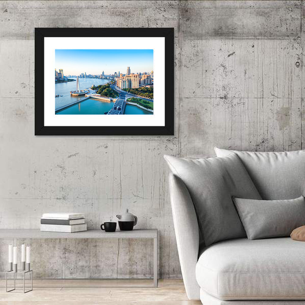 Huangpu River Shanghai Skyline Wall Art in a room, landscape