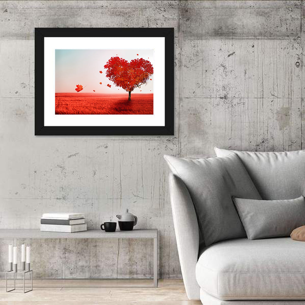 Heart-shaped Tree in Red Field Wall Art in a room, landscape