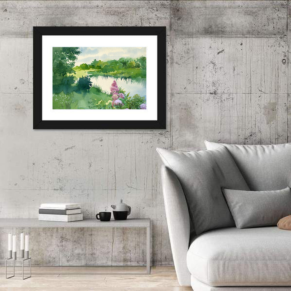 Lake Reflection with Purple Flowers Wall Art in a room, landscape