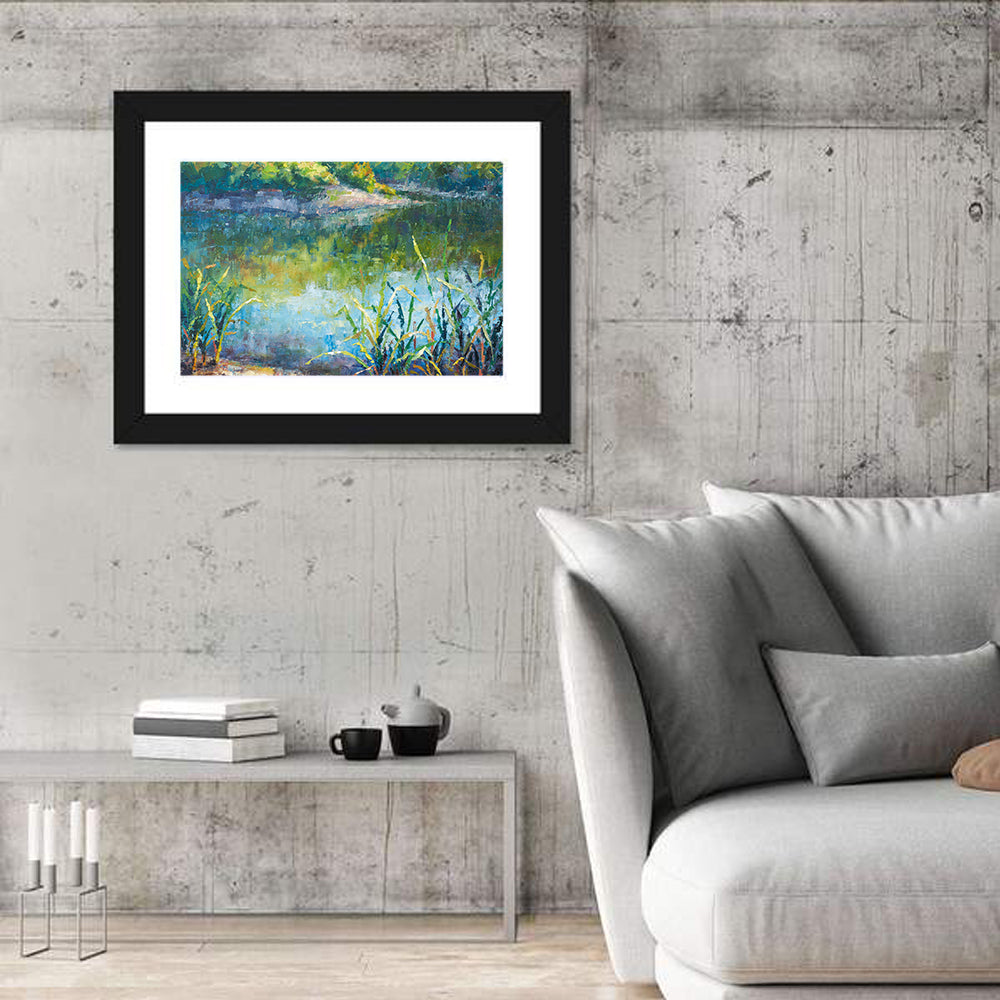Calm Autumn Lake Wall Art in a room, landscape