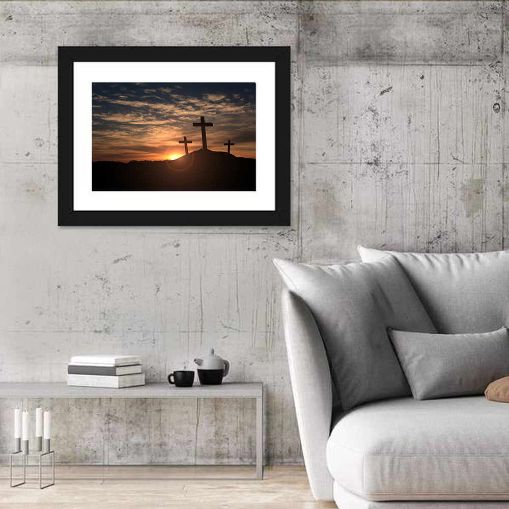 Three Crosses at Golden Sunset Wall Art in a room, landscape