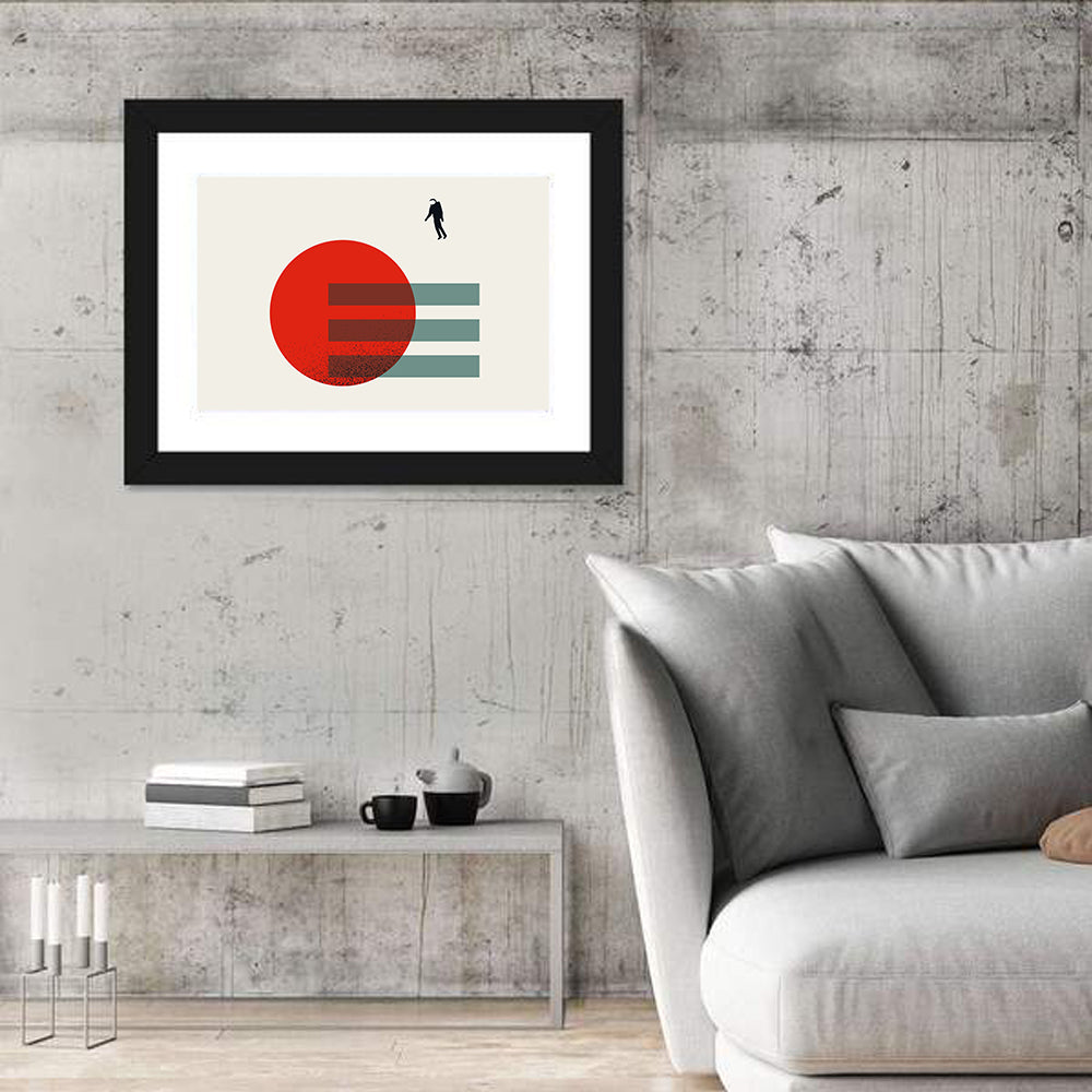 Minimalist Astronaut and Red Planet Wall Art in a room, landscape