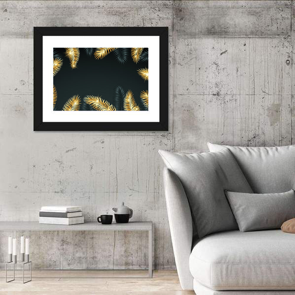 Golden Tropical Palm Leaves Wall Art in a room, landscape