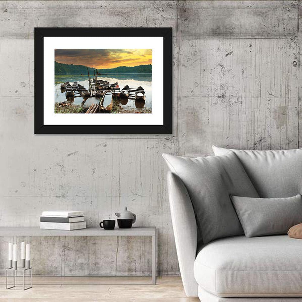 Tamblingan Lake Canoes at Sunset Wall Art in a room, landscape