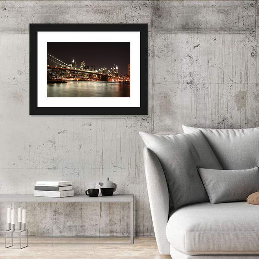 Brooklyn Bridge Night Skyline Wall Art in a room, landscape