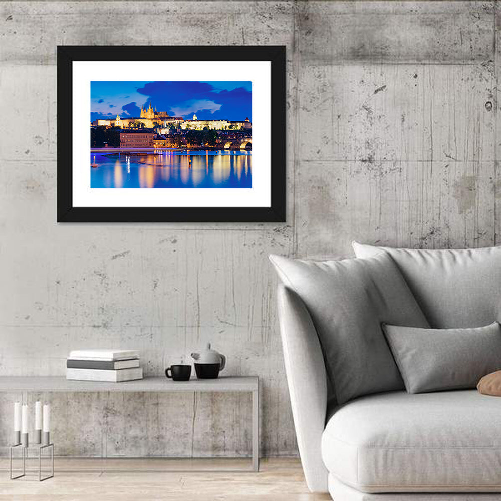 Prague Castle Night Reflection Wall Art in a room, landscape