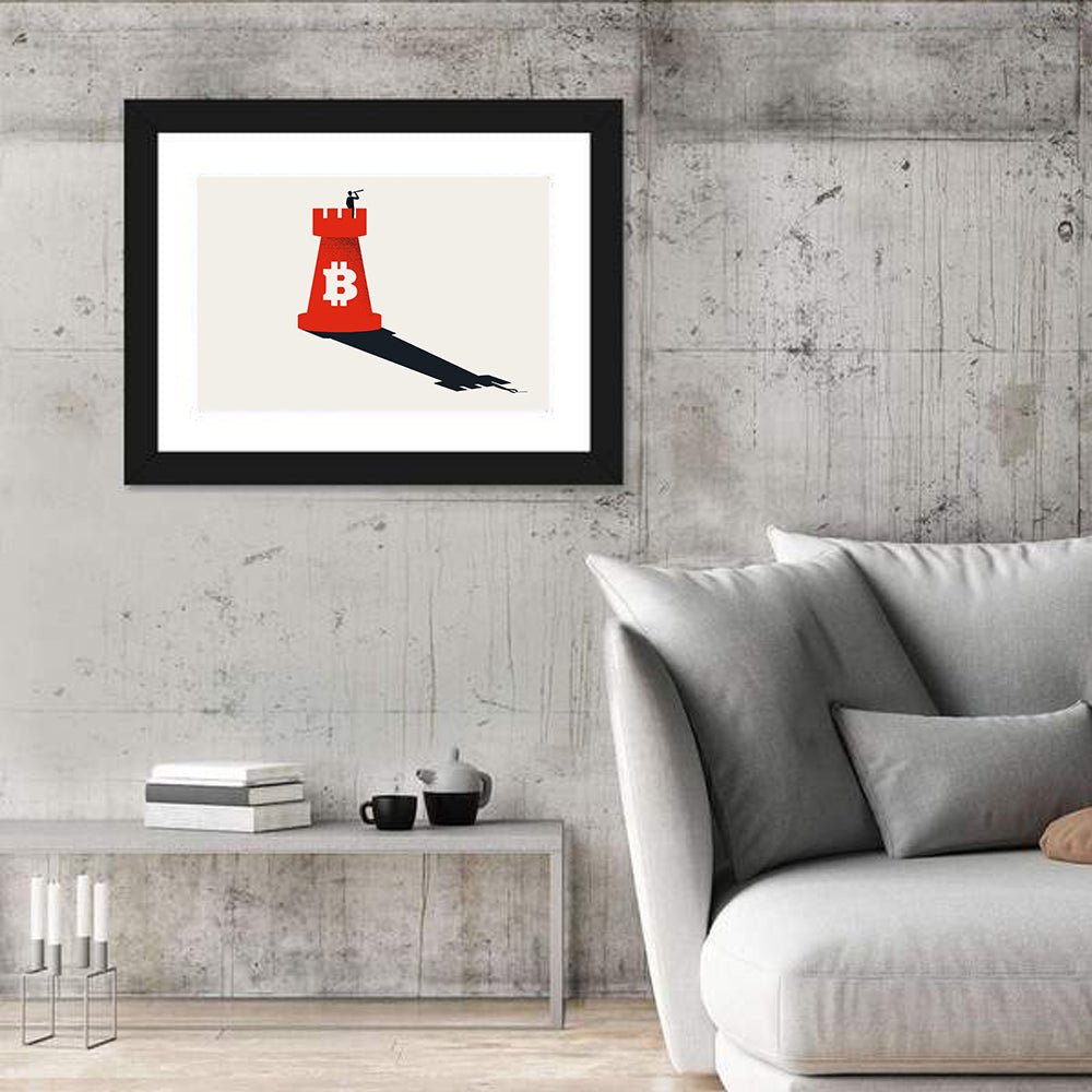 Rook Tower with Bitcoin Emblem Wall Art in a room, landscape