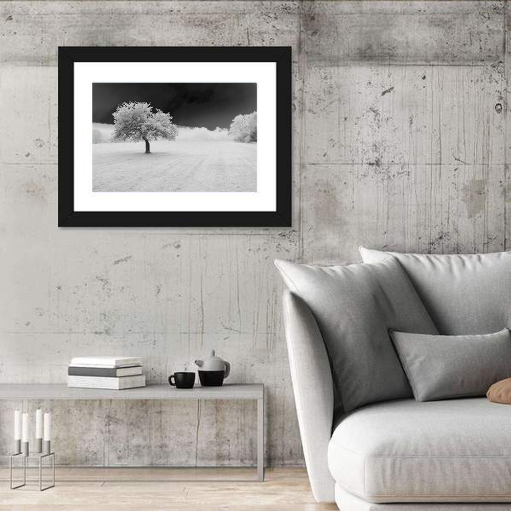 Lonely Tree in Surreal Winter Field Wall Art in a room, landscape