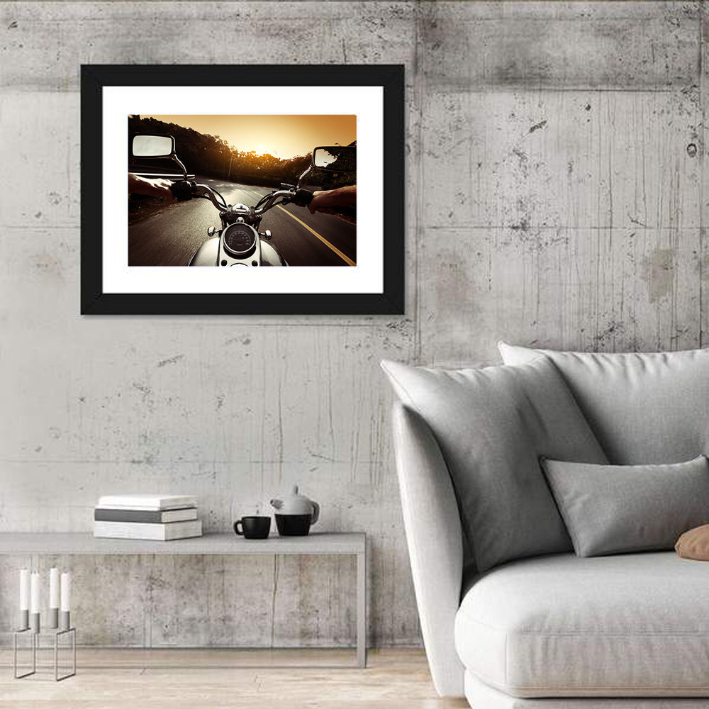 Motorcycle Handlebar View at Sunset Wall Art in a room, landscape