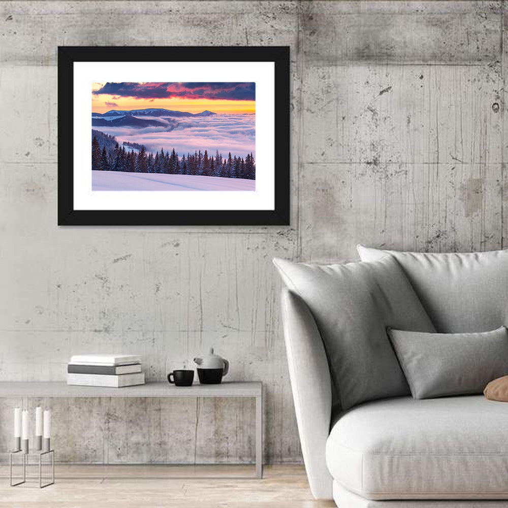 Morning Fog Over Winter Peaks Wall Art in a room, landscape