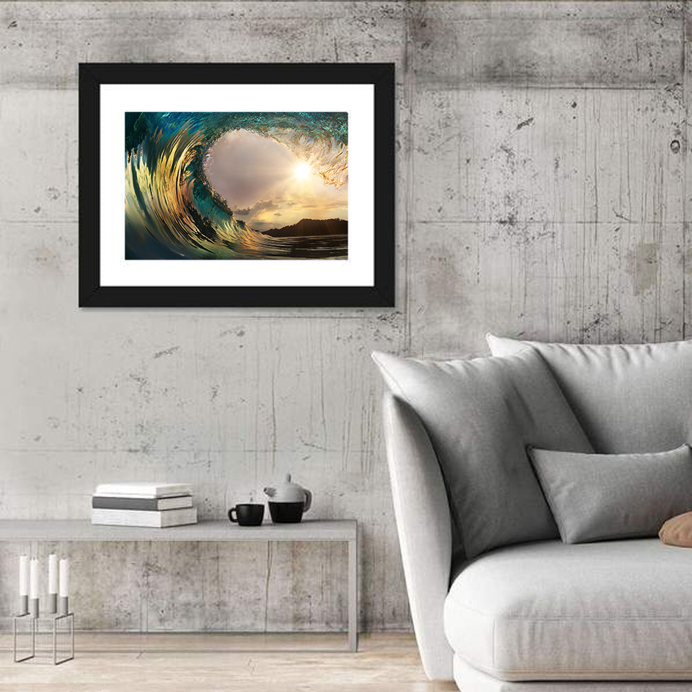 Sunset Barrel Wave Wall Art in a room, landscape