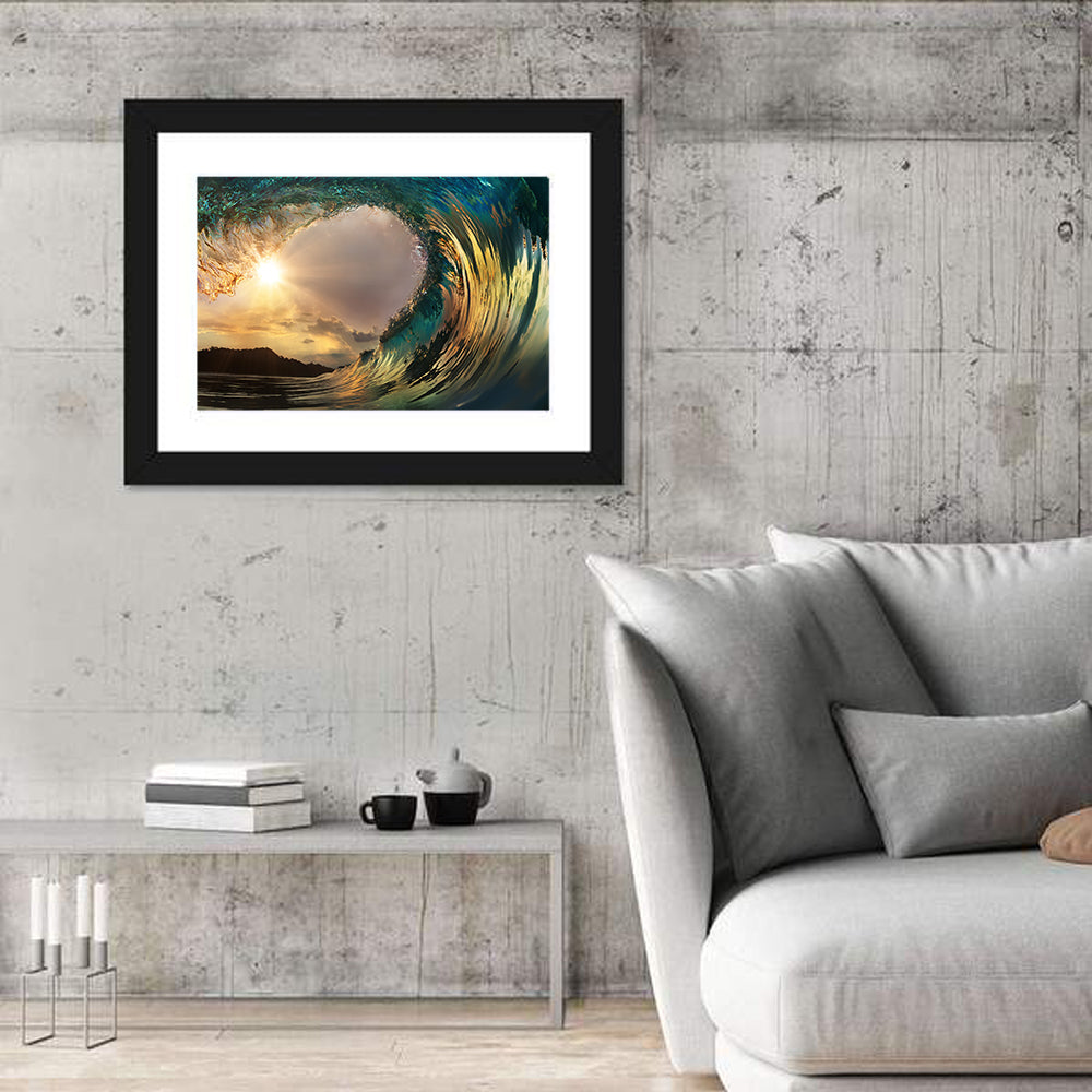 Surfing Barrel at Sunset Wall Art in a room, landscape