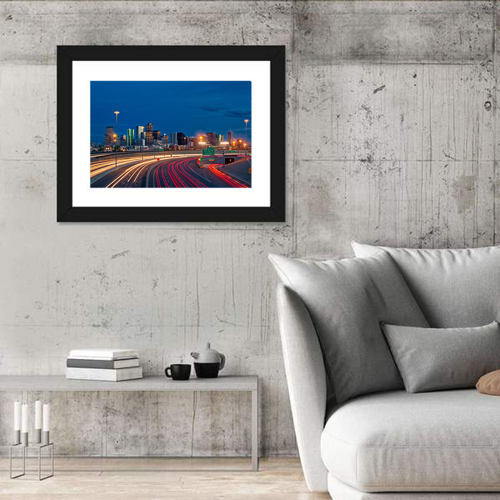 Denver Skyline with Light Trails Wall Art in a room, landscape