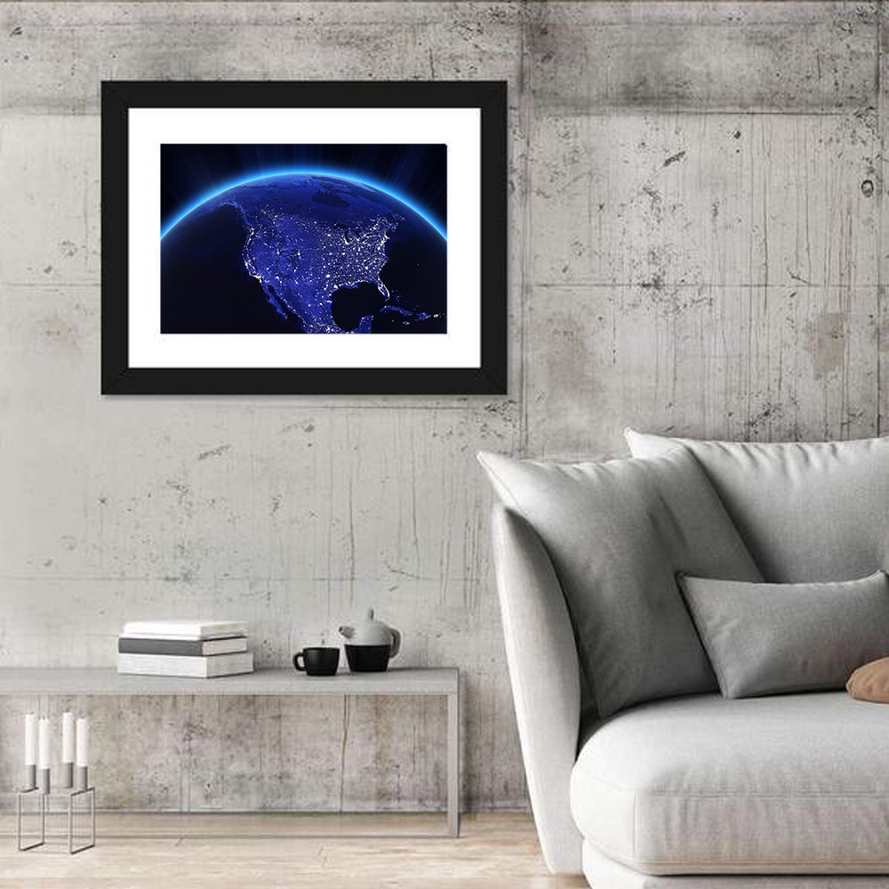 North America City Lights at Night Wall Art in a room, landscape