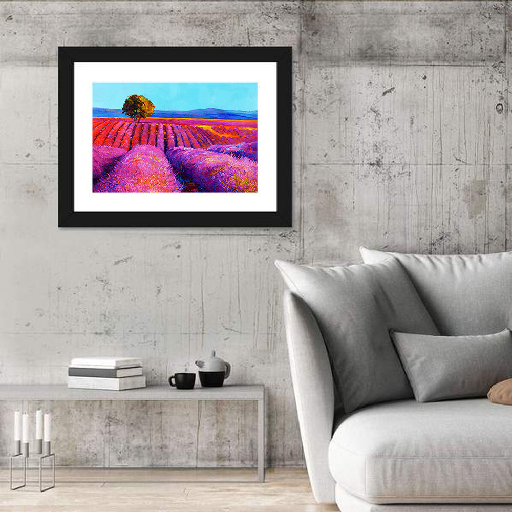 Impressionist Lavender Field Wall Art in a room, landscape