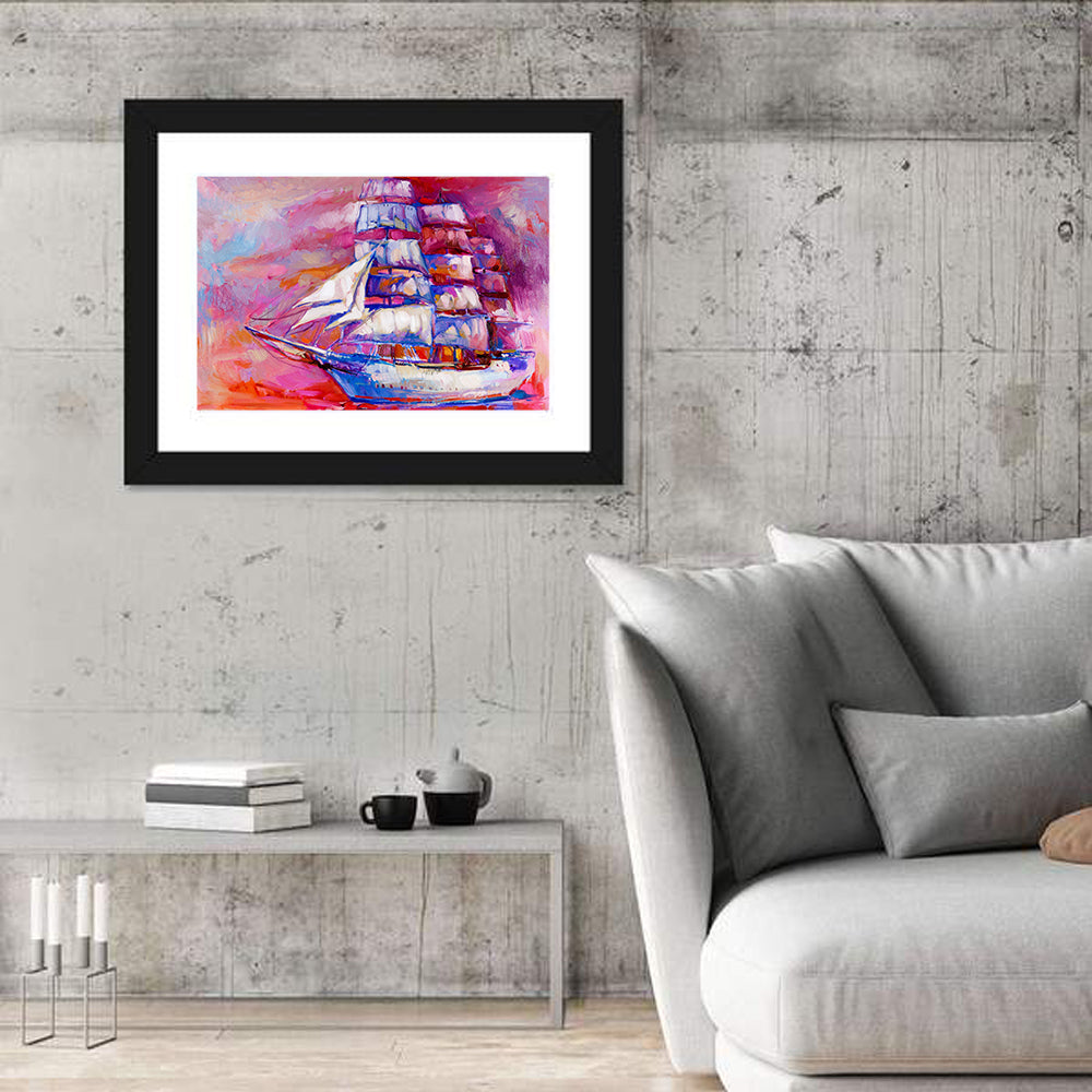 Colorful Tall Ship at Sea Wall Art in a room, landscape
