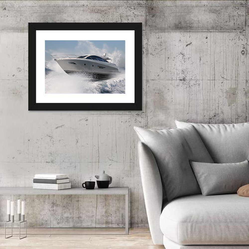 Motor Yacht Cutting Through Spray Wall Art in a room, landscape
