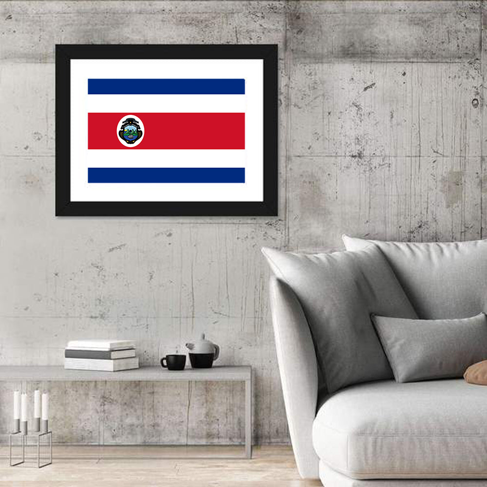Costa Rica Flag with Coat of Arms Wall Art in a room, landscape