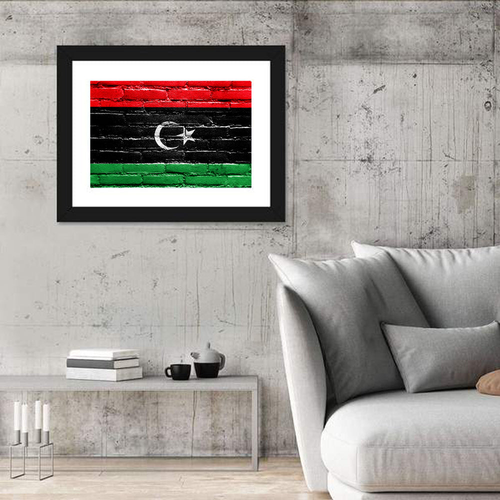 Libyan Flag on Distressed Brick Wall Art in a room, landscape