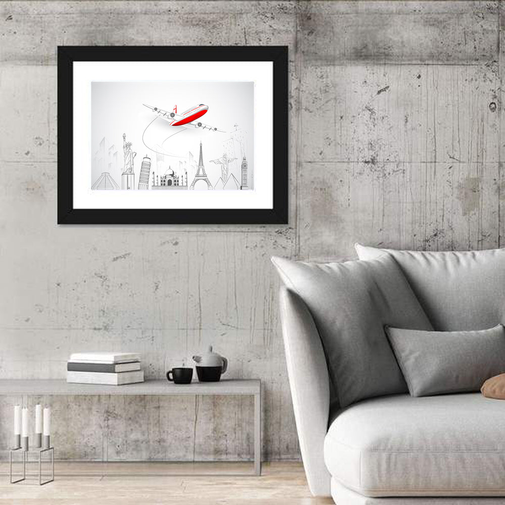 Airplane Over World Landmarks Wall Art