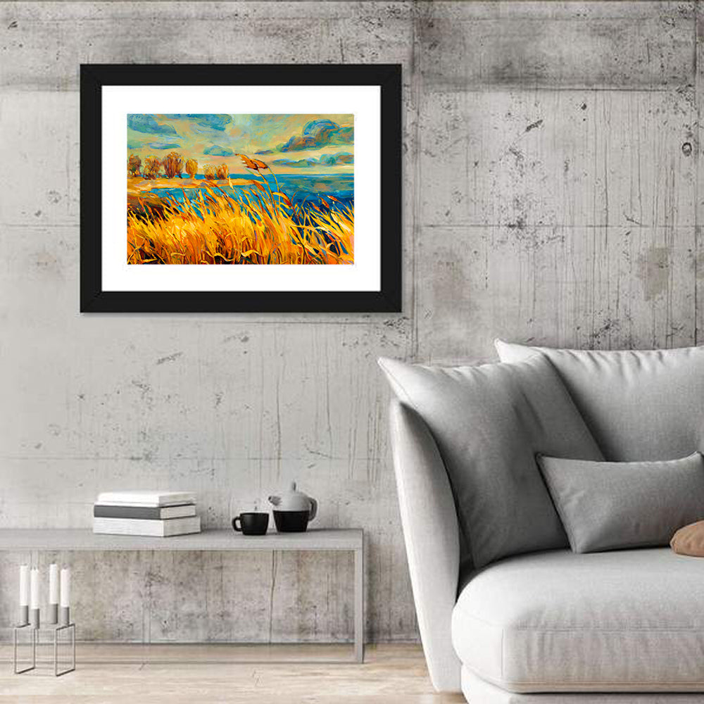 Golden Hour Lake with Tall Grass Wall Art in a room, landscape