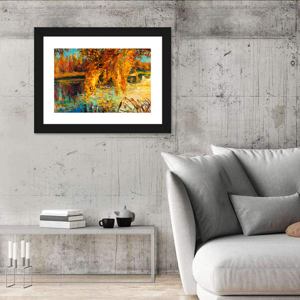Autumn Lake with Weeping Willow Wall Art in a room, landscape